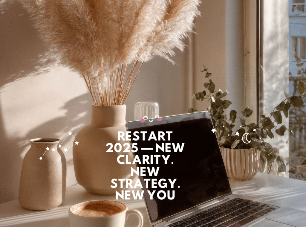 Minimal boho desk with laptop and notebook — Restart 2025 New Clarity New Strategy